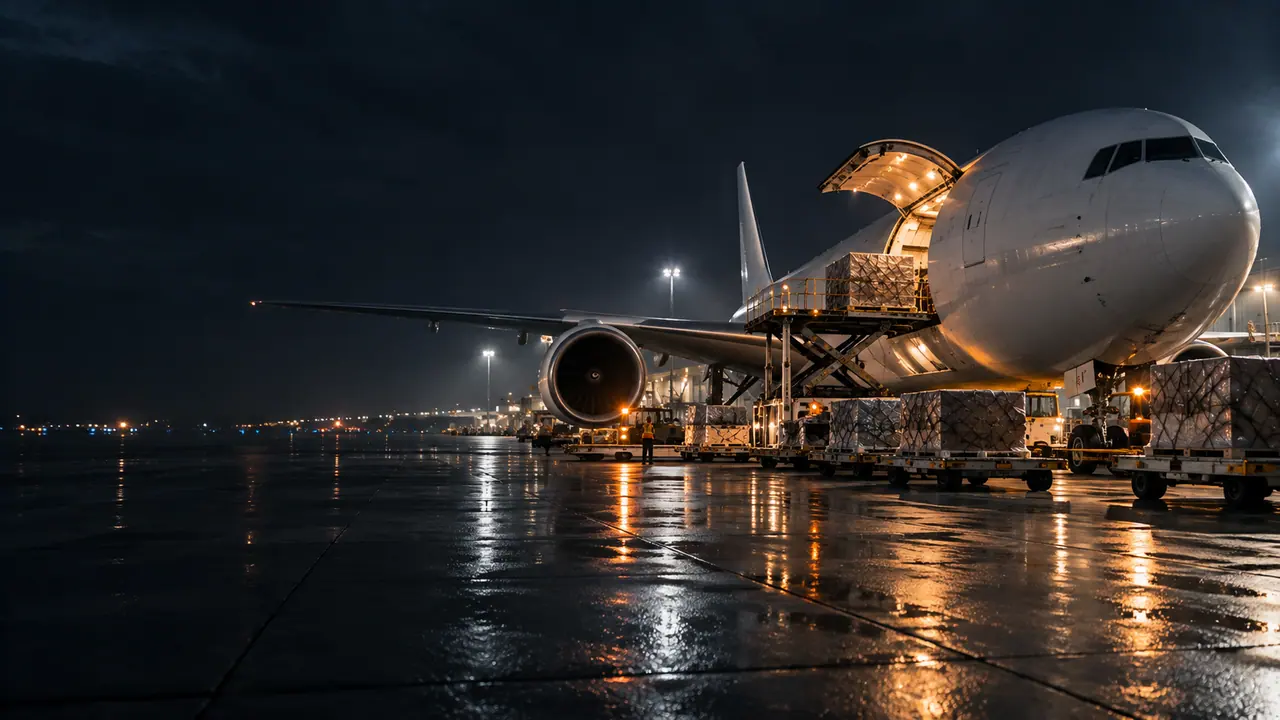 Cargo aircraft being loaded on an apron
