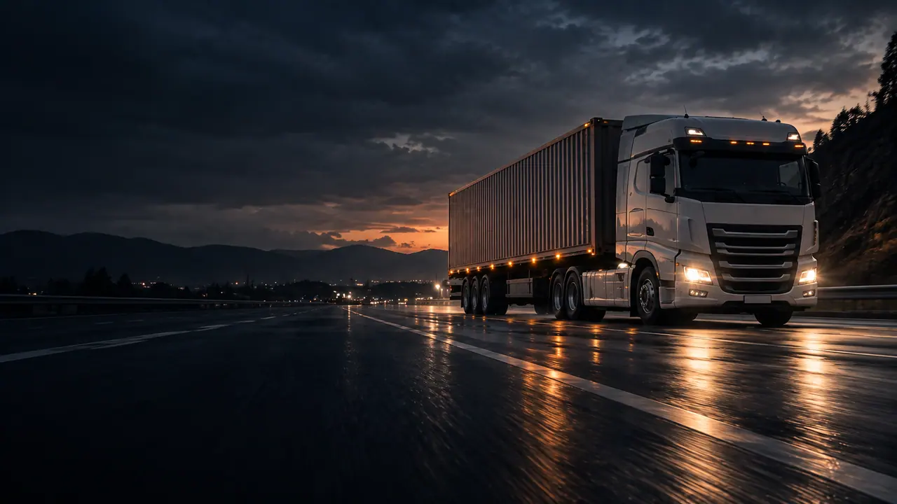 Articulated truck on a highway at dusk